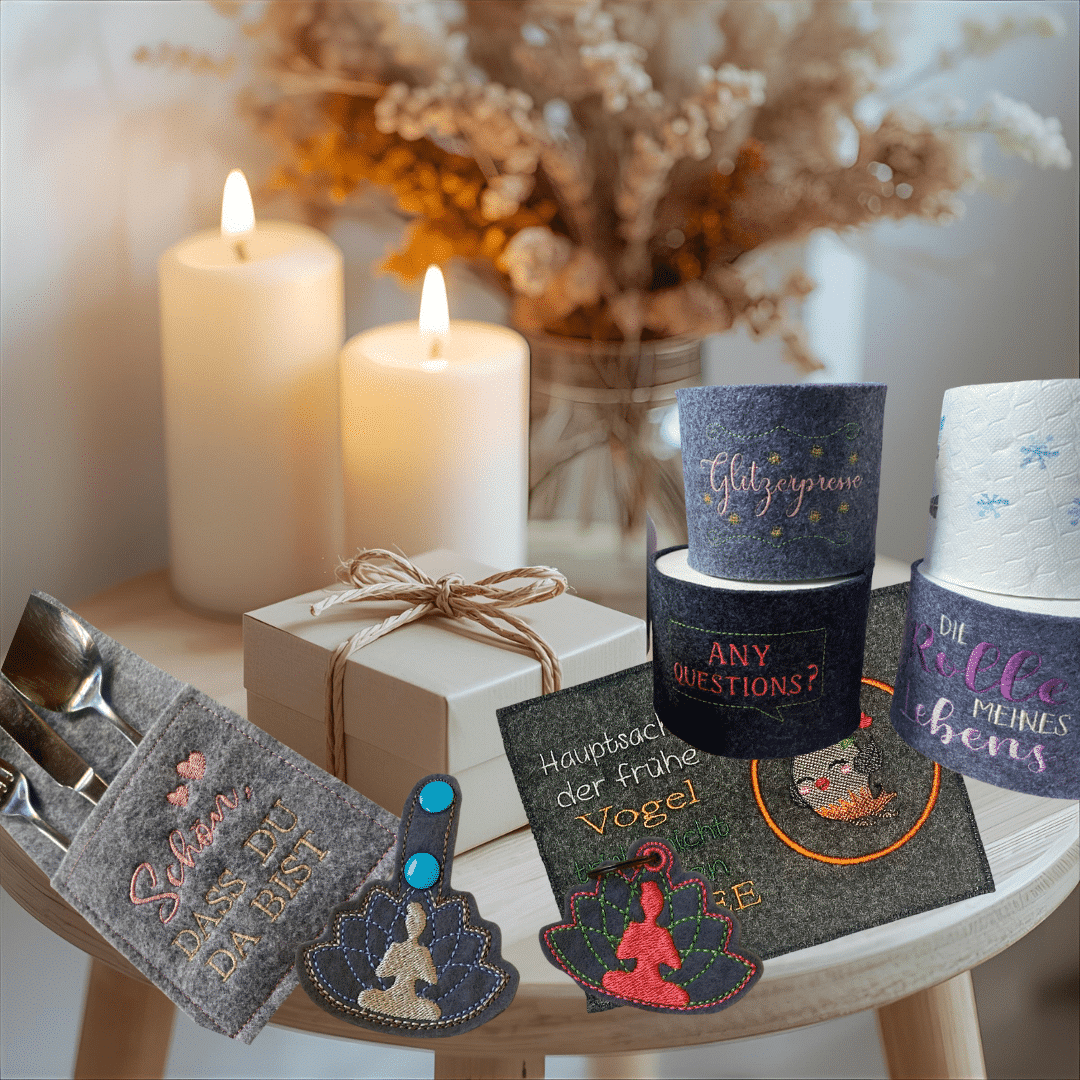Geschenkideen, SALE, Schlüsselanhänger, Besteckhüllen, Filzuntersetzer, Klorollenbanderolen